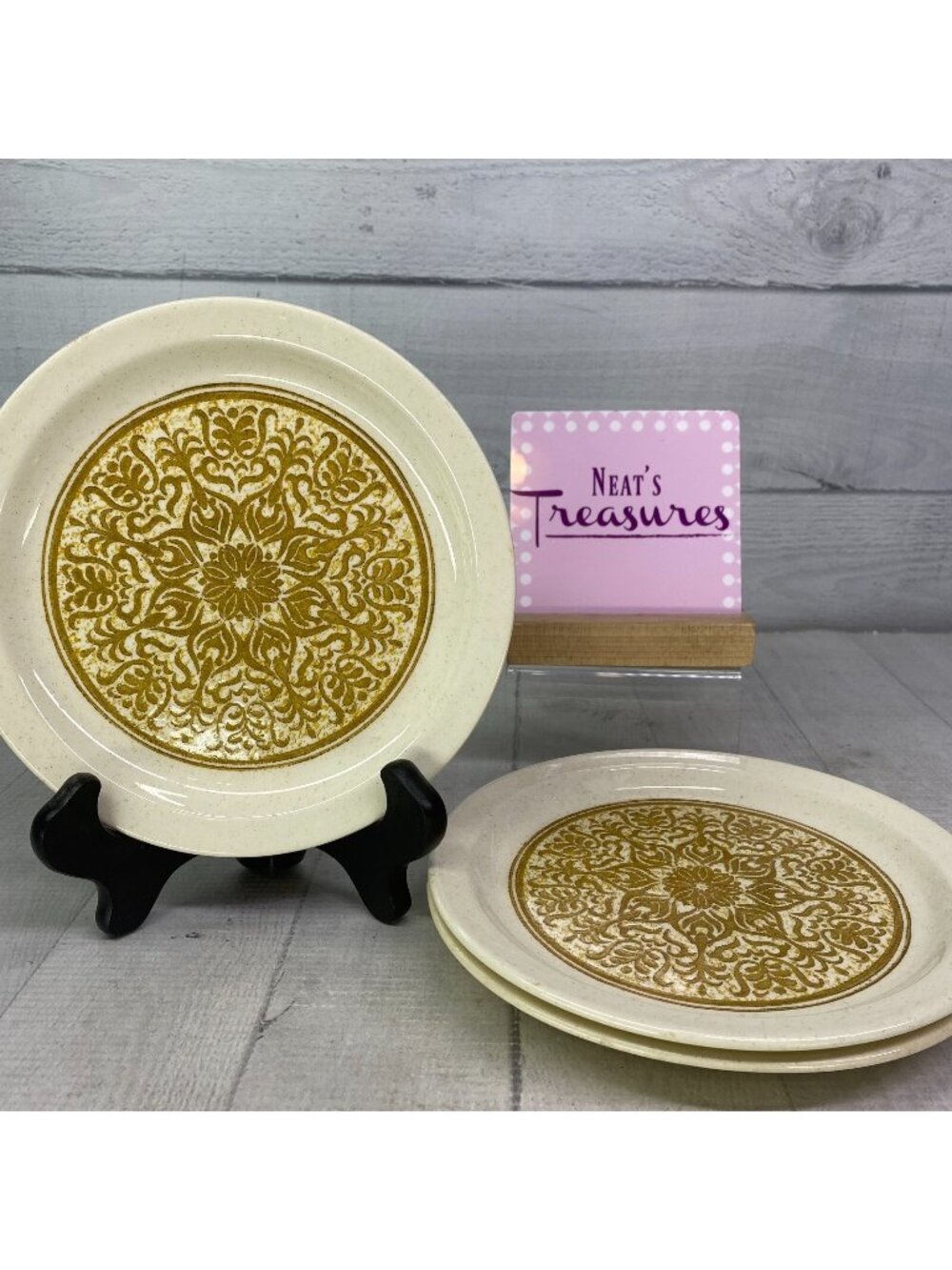 1970s Roycroft Stoneware Cluster GOLD FLORAL Tan Speckled Salad Plates Set 0f 3